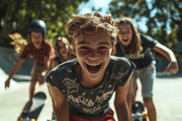 Fototapeta premium A group of teenagers skateboarding at a park, excited expression, natural daylight, urban street background,