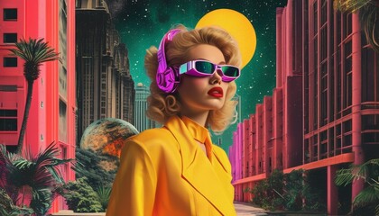 Retro futuristic poster with 80s and 90s high fashion aesthetic. Grunge noise Creative Mixed media collage. Stylish vintage backdrop, grunge graphic design style.