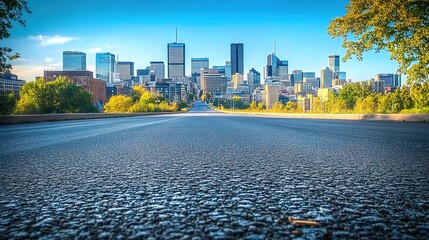Photo of an asphalt road leading to a city skyline