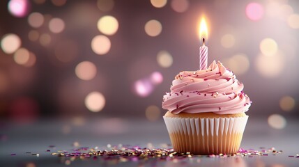 Colorful cupcake with a burning candle and festive confetti for a joyful birthday celebration in a vibrant background
