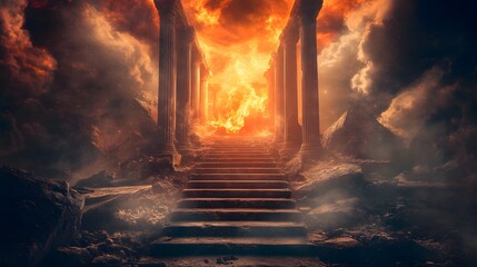 Fiery Gates Staircase Ascending Through Inferno Clouds
