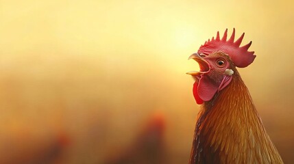 A proud rooster proudly crows at dawn, showcasing its vibrant plumage against a warm, golden background.