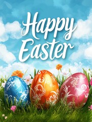 Colorful Watercolor Easter Eggs in Lush Grass with Happy Easter Text, art