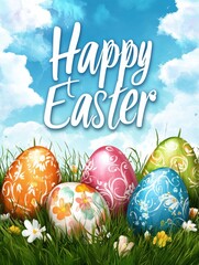 Colorful Watercolor Easter Eggs in Lush Grass with Happy Easter Text, art