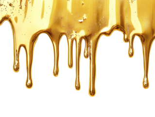 Golden paint drips, isolated on a transparent background, emphasizing the rich texture and shine, perfect for artistic, creative, or design-themed visuals.
