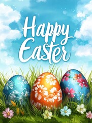 Colorful Watercolor Easter Eggs in Lush Grass with Happy Easter Text, art