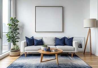  Minimalist interior design of a modern living room with blue and gray decor