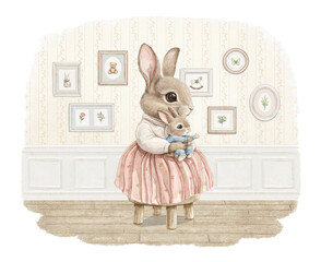 Watercolor vintage cute bunny rabbit mom mother in dress holding little baby rabbit hare and sits on stool in room with paintings and wallpaper on wall. Hand drawn illustration sketch
