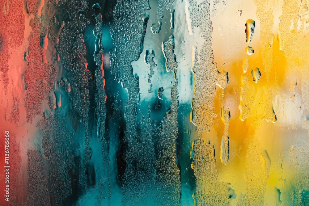 Poster Raindrops collect on a window creating a textured view during a rainy day