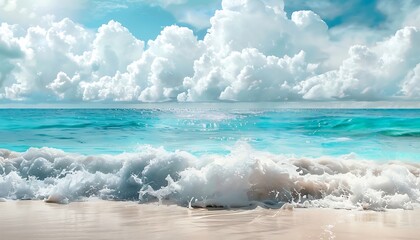 Fototapeta premium Beautiful seascape with blue sky and white clouds. Panoramic background