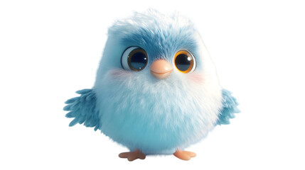Fototapeta premium Adorable Fluffy Baby Bird Cute Cartoon Chick Blue Feathers Big Eyes Happy Expression