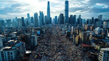 A futuristic city where towering skyscrapers emerge above massive garbage dumps, citizens adapting to life amidst endless trash