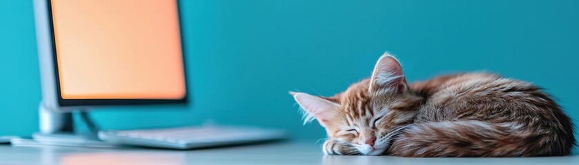 Fototapeta premium A cozy cat sleeps peacefully on a desk beside a computer, blending comfort with a modern workspace aesthetic.