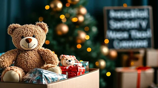 A charity donation box with brightly wrapped toys, a soft teddy bear on top, with a heartwarming sign in the background encouraging donations and kindness.