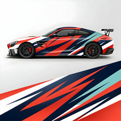 Sport car wrap design, featuring bold colors, graphics, and sleek patterns,