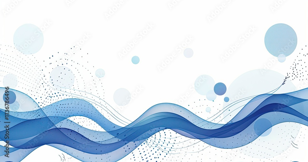 Poster abstract blue waves with circles and dots, creating a modern graphic design.