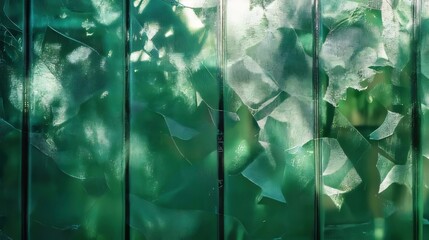 Broken green textured glass panel.