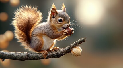 Obraz premium A squirrel sitting on a branch, nibbling on a nut in a soft-focus natural setting.