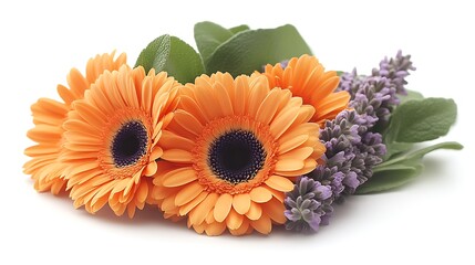 Orange gerbera daisies and lavender bouquet arrangement