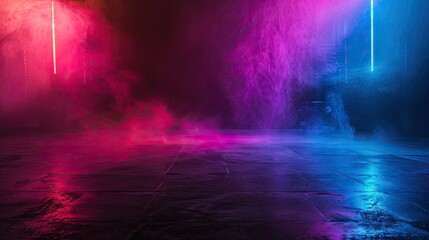 A vibrant, illuminated space with colorful fog and reflections, ideal for events or performances.