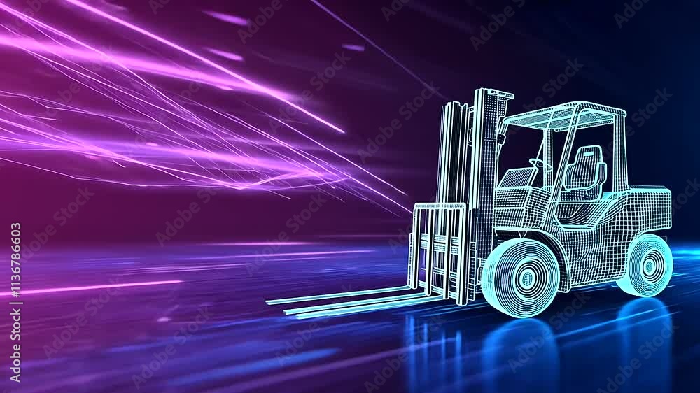 Aufkleber a digital forklift rendered in glowing blue wireframe, surrounded by cascading data streams on a vib