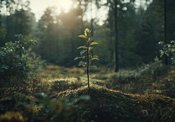 Fototapeta premium A solitary young plant emerges in a serene forest, symbolizing growth and resilience.