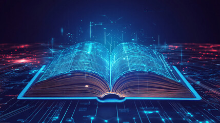 A cyber book icon with interactive education data, representing online learning tools, e-books, and digital reading platforms. 