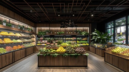 A modern fruit market showcasing a variety of fresh produce in an inviting setting.