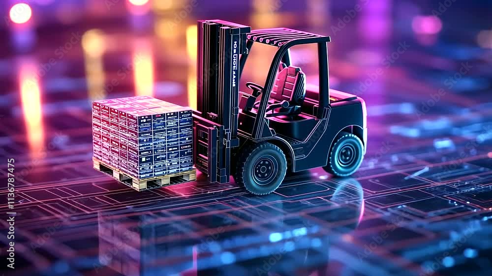 Poster a high-tech forklift with holographic controls lifting a virtual pallet, surrounded by glowing circu