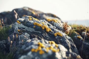 Lichen clusters blanketing rugged rocks in a serene natural environment showcasing macro textures