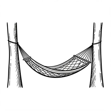recommend clip art: A hammock hanging between trees, drawn with black lines. Black-and-white illustration.