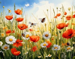 Naklejka premium Wildflower meadow with watercolor daisies, poppies, and buzzing bees