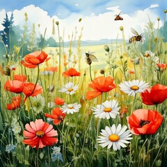 Obraz premium Wildflower meadow with watercolor daisies, poppies, and buzzing bees