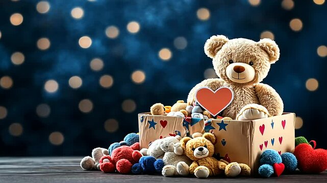 A large donation box with bright wrapping paper overflowing with stuffed animals and toys, with a big teddy bear holding a heart sign, spreading joy and warmth in a family-oriented