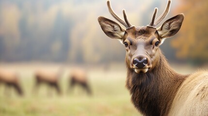 Obraz premium A majestic male deer stands attentively in a tranquil meadow, showcasing its impressive antlers against a soft, blurred background.