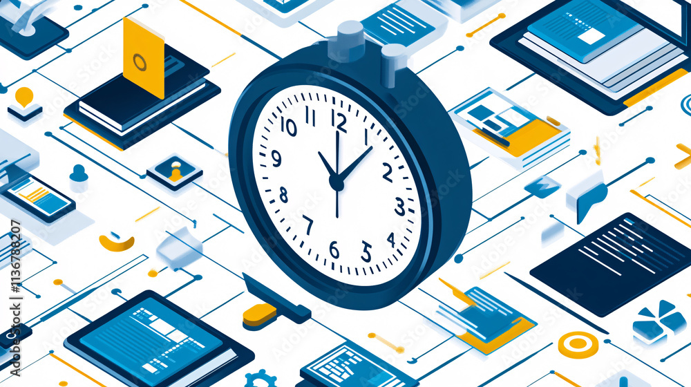 Poster a cyber class schedule icon surrounded by time management data, symbolizing online class management 
