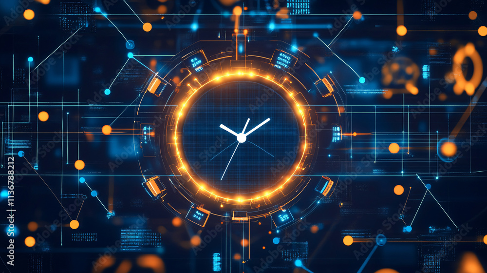 Poster a cyber class schedule icon surrounded by time management data, symbolizing online class management 