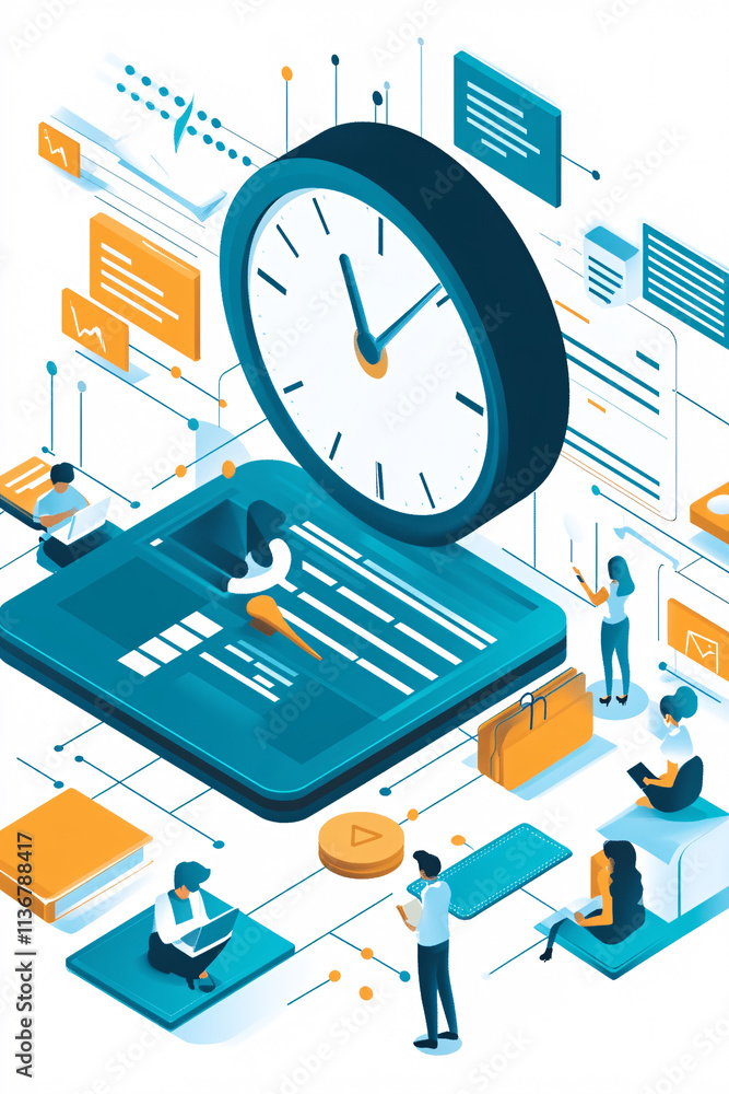 Poster a cyber class schedule icon surrounded by time management data, symbolizing online class management 