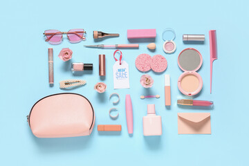 Composition with decorative cosmetics, stylish accessories, flowers and sale tag on color background