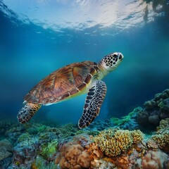 Sea turtle swims under water on the background of coral reefs