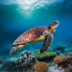 Obraz premium Sea turtle swims under water on the background of coral reefs