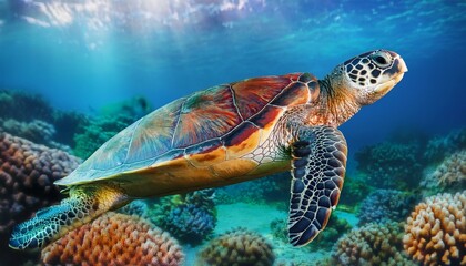 Fototapeta premium Sea turtle swims under water on the background of coral reefs