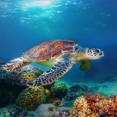 Obraz premium Sea turtle swims under water on the background of coral reefs
