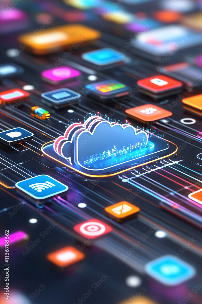 Poster a cyber cloud icon surrounded by app icons, representing cloud computing, online storage solutions, 