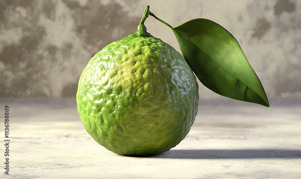 Poster a single lime rests on a surface with a leaf attached