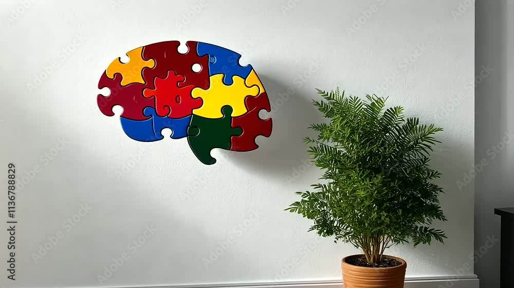 Aufkleber a vibrant d rendering of colorful puzzle pieces in various shapes forming a brain, set against a min