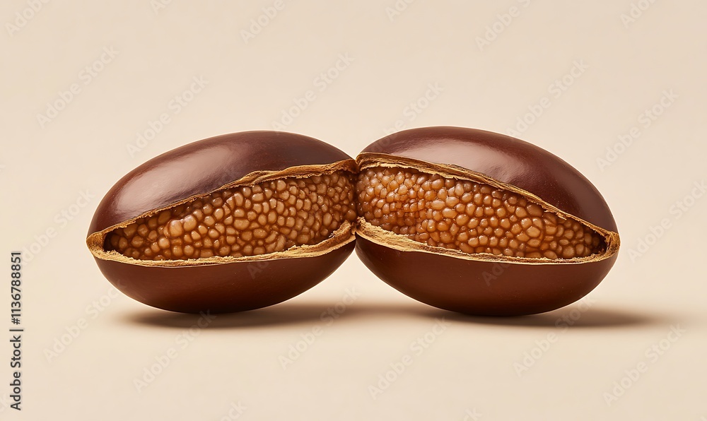 Poster two open argan nuts revealing seeds inside