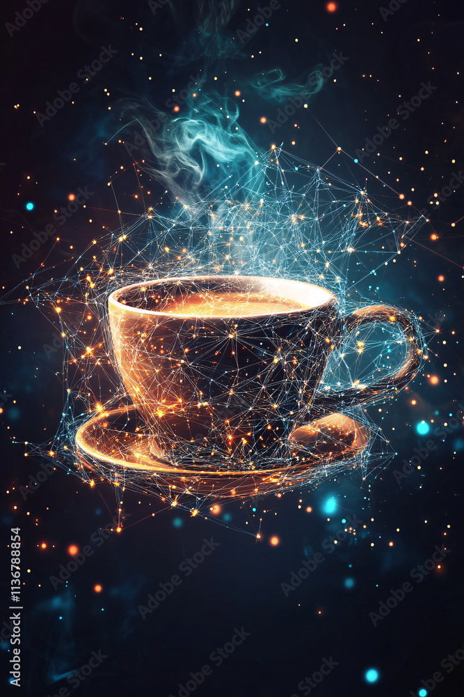 Aufkleber a cyber coffee cup icon with floating data streams representing online cafe services, real-time coff