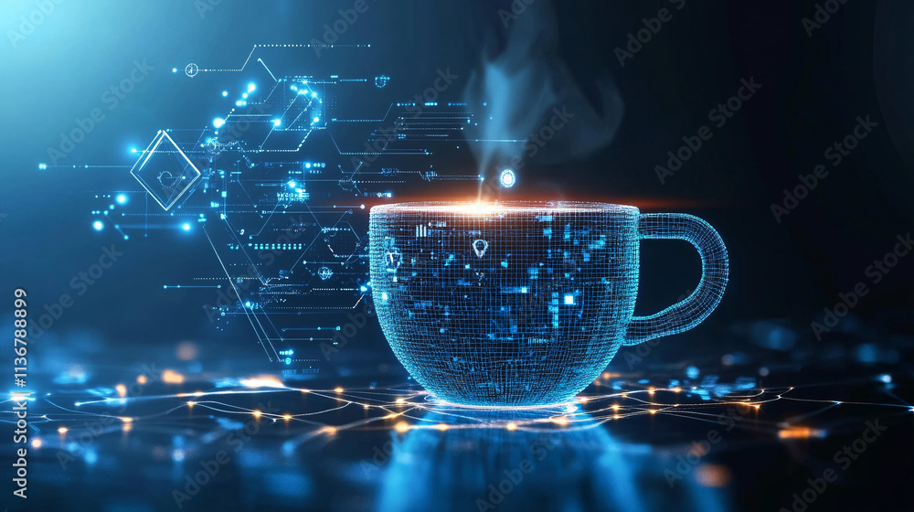 Poster a cyber coffee cup icon with floating data streams representing online cafe services, real-time coff
