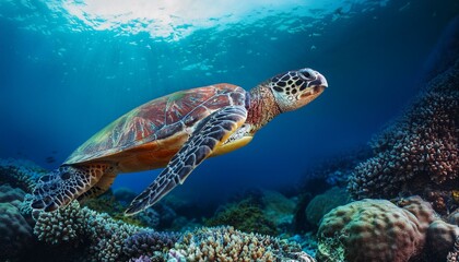 Fototapeta premium Sea turtle swims under water on the background of coral reefs
